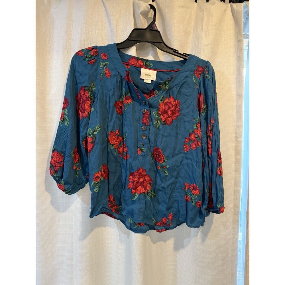 Anthropologie‎ Maeve Kalas Teal Henley Floral Boho Rose Blouse Size Small